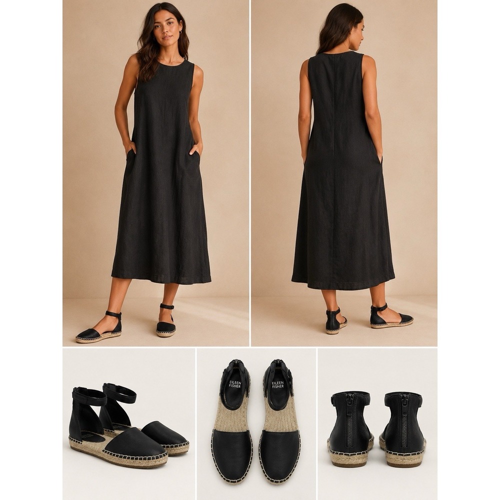 Eileen Fisher Black Leather Espadrille Flats Ankle Strap Sandals Women'sSize 7.5